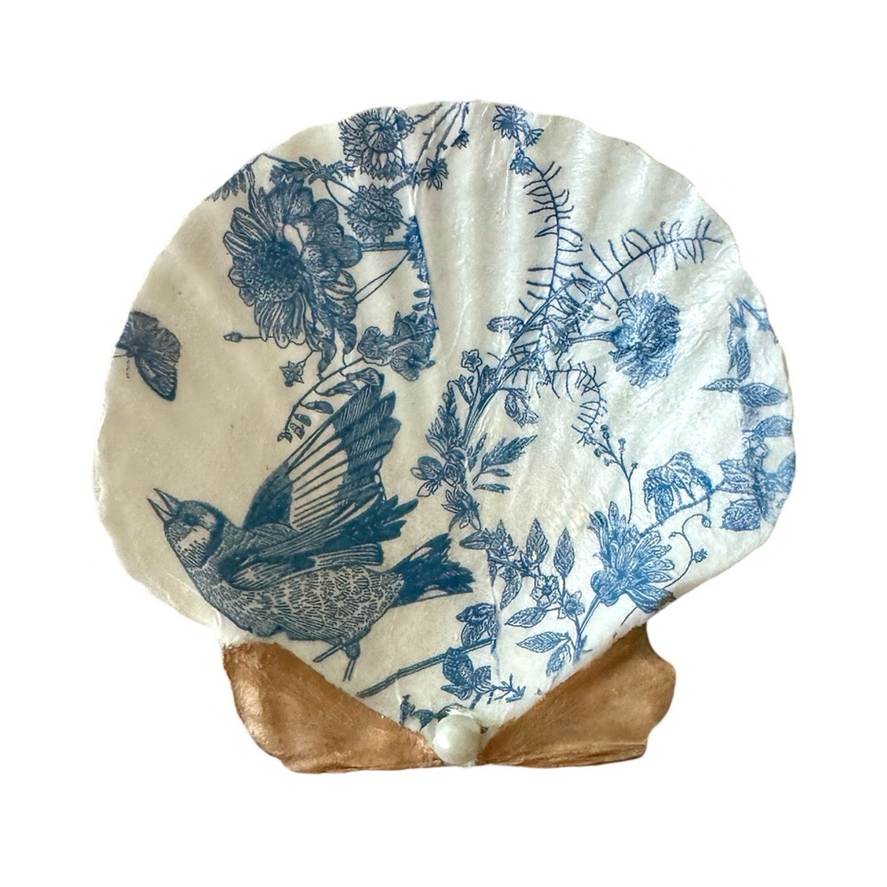 Scalloped Decoupage Shell With Blue Birds